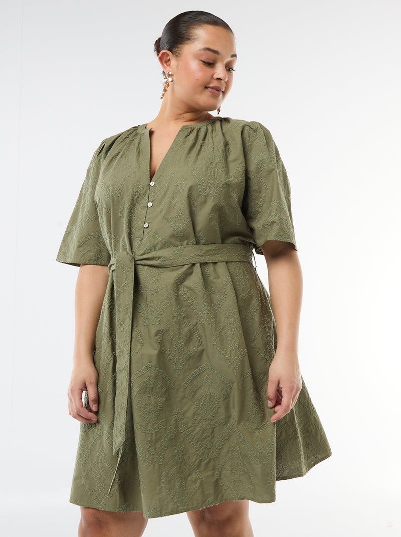 Abito in cotone con ricami sangallo Verde - Kiabi