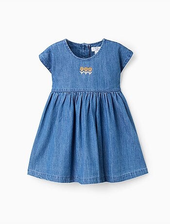 Abito in denim a manica corta con fiori ricamati
