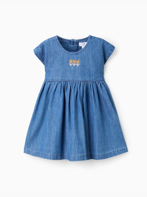 Abito in denim a manica corta con fiori ricamati - Kiabi
