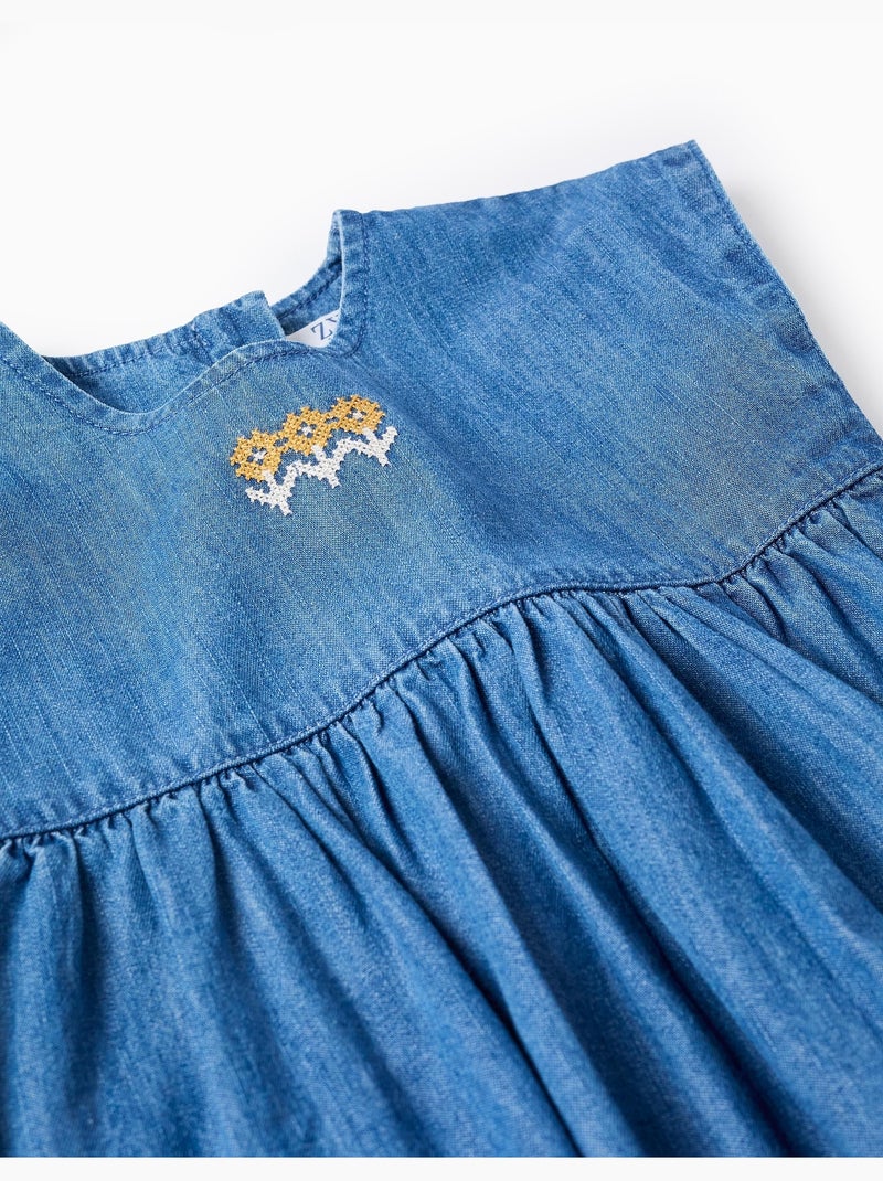 Abito in denim a manica corta con fiori ricamati Blu Blu - Kiabi