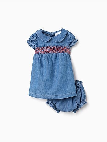 Abito in denim con ricamo e volant