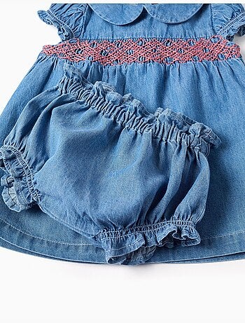 Abito in denim con ricamo e volant