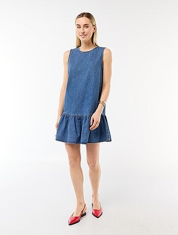 Abito in denim senza maniche con fondo a balza