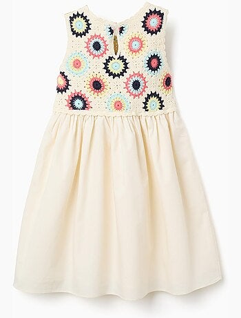 Abito in doppio tessuto con fiori all'uncinetto