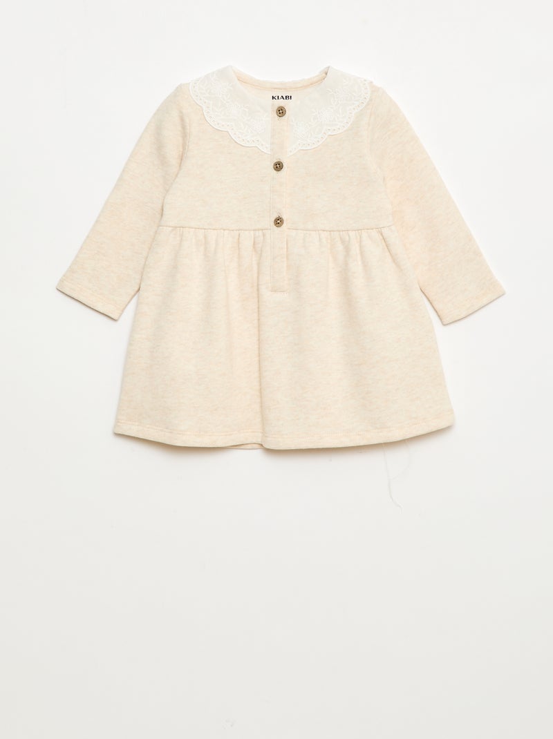 Abito in felpa con colletto in voile di cotone ricamato Beige - Kiabi