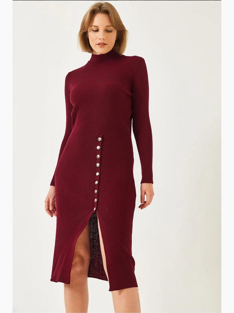 Abito in maglia a coste con bottoni lucci Rosso bordeaux - Kiabi