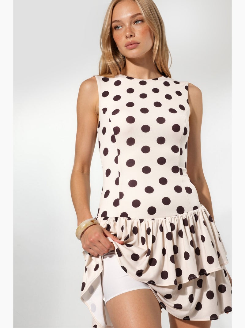 Abito in maglia a pois senza maniche con volant con shorts interni hiccup Crema - Kiabi