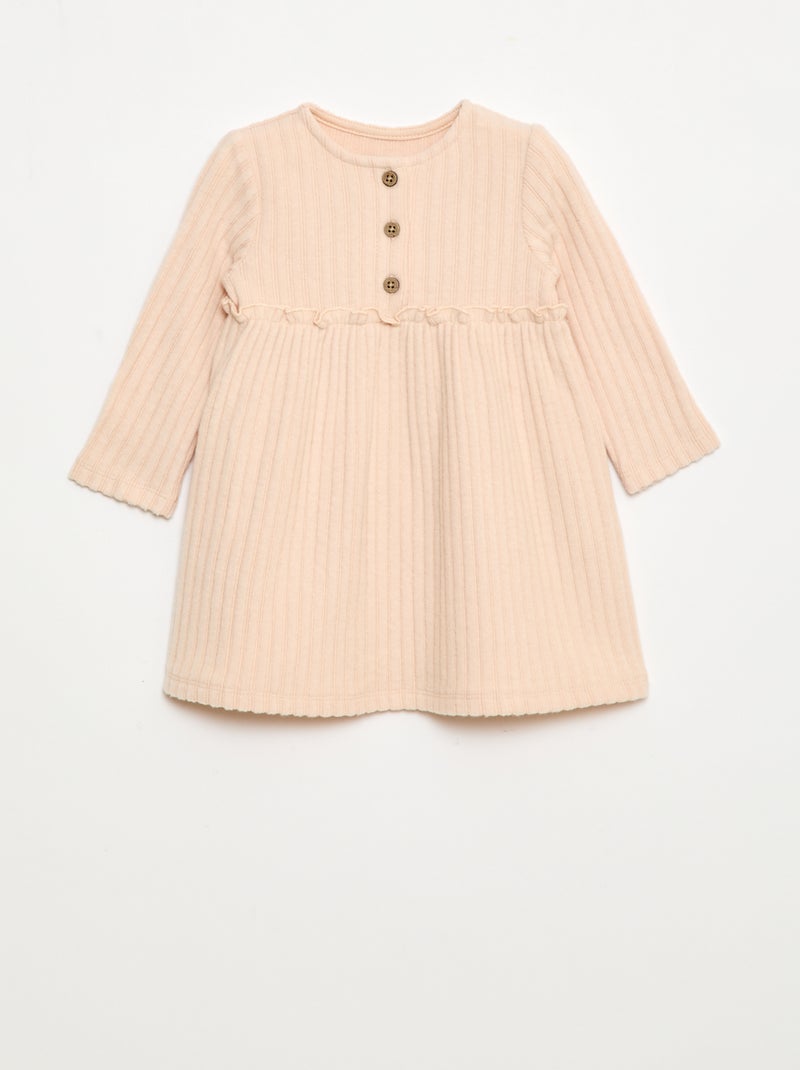 Abito in maglia soffice a coste con collo abbottonato Beige - Kiabi