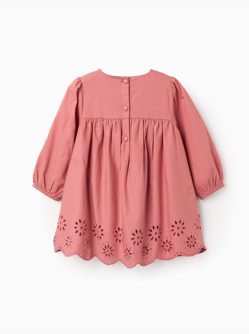Abito in popeline a manica lunga con ricamo inglese Rosa - Kiabi