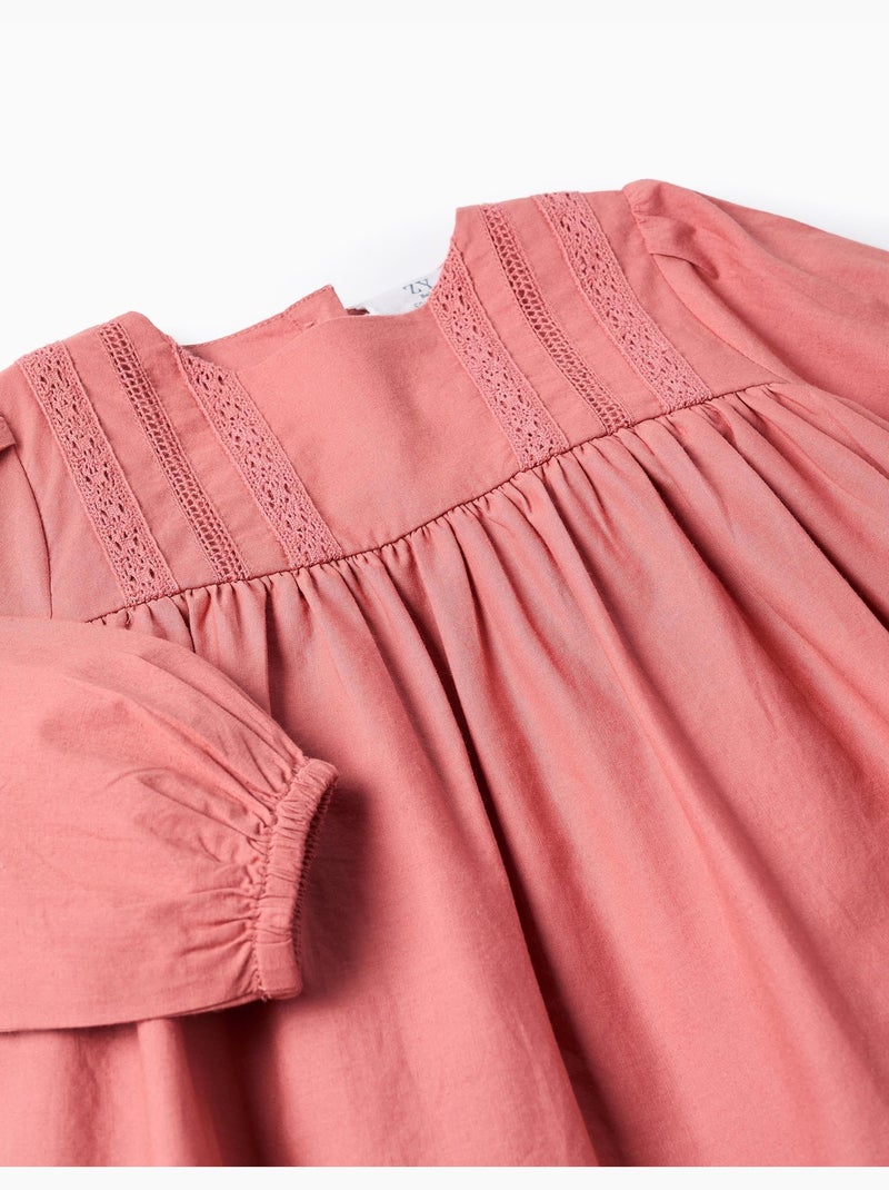 Abito in popeline a manica lunga con ricamo inglese Rosa - Kiabi