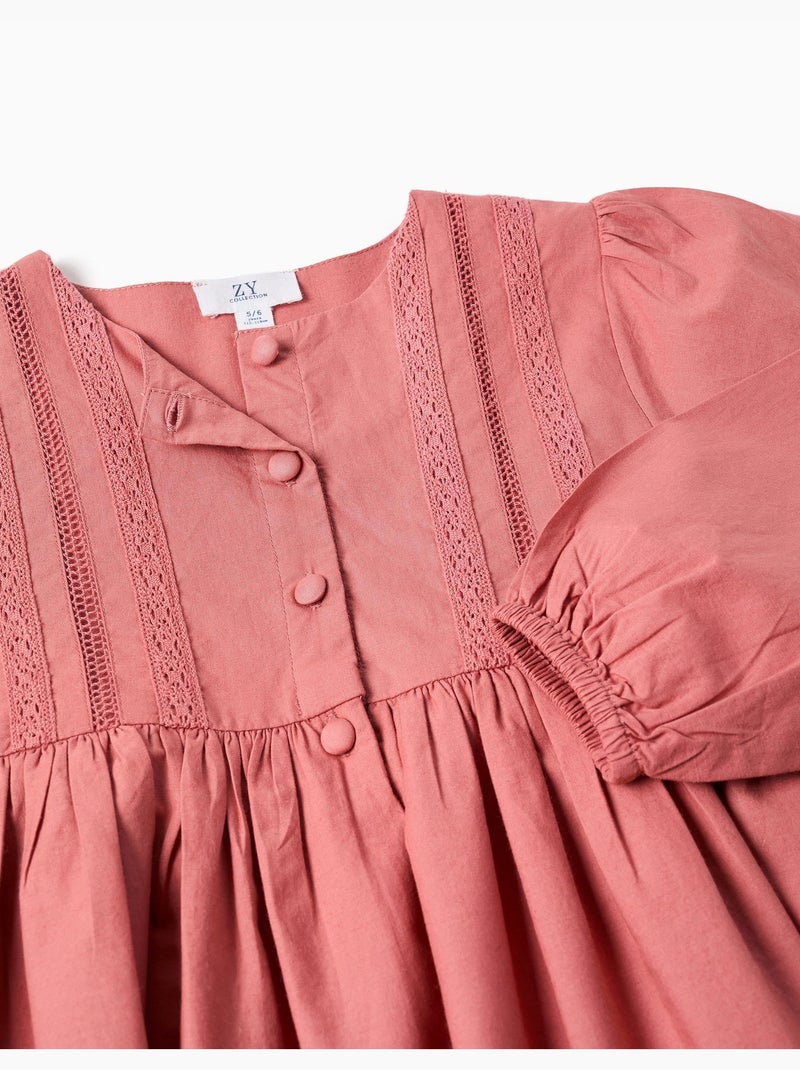 Abito in popeline a maniche lunghe con broderie anglaise Rosa - Kiabi