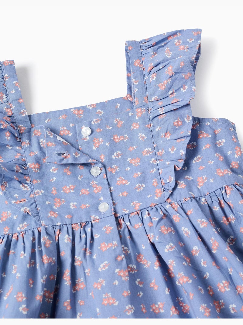 Abito in popeline con motivo floreale e volant Blu chiaro - Kiabi