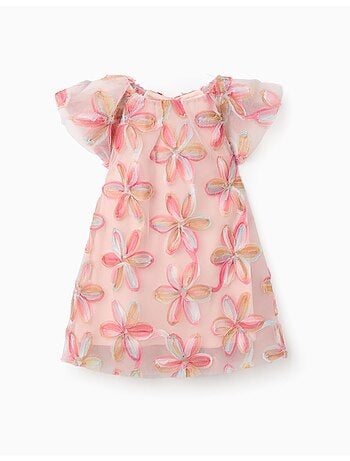 Abito in tulle a manica corta con fiori 3d