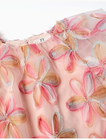 Abito in tulle a manica corta con fiori 3d