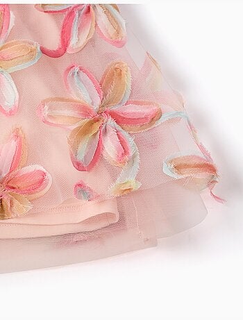 Abito in tulle a manica corta con fiori 3d
