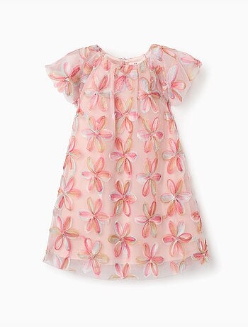 Abito in tulle a manica corta con fiori 3d