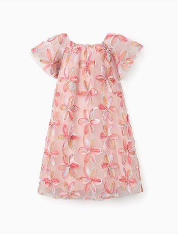 Abito in tulle a manica corta con fiori 3d