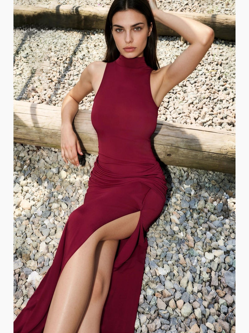 Abito lungo a collo alto con spacco hiccup Rosso bordeaux - Kiabi