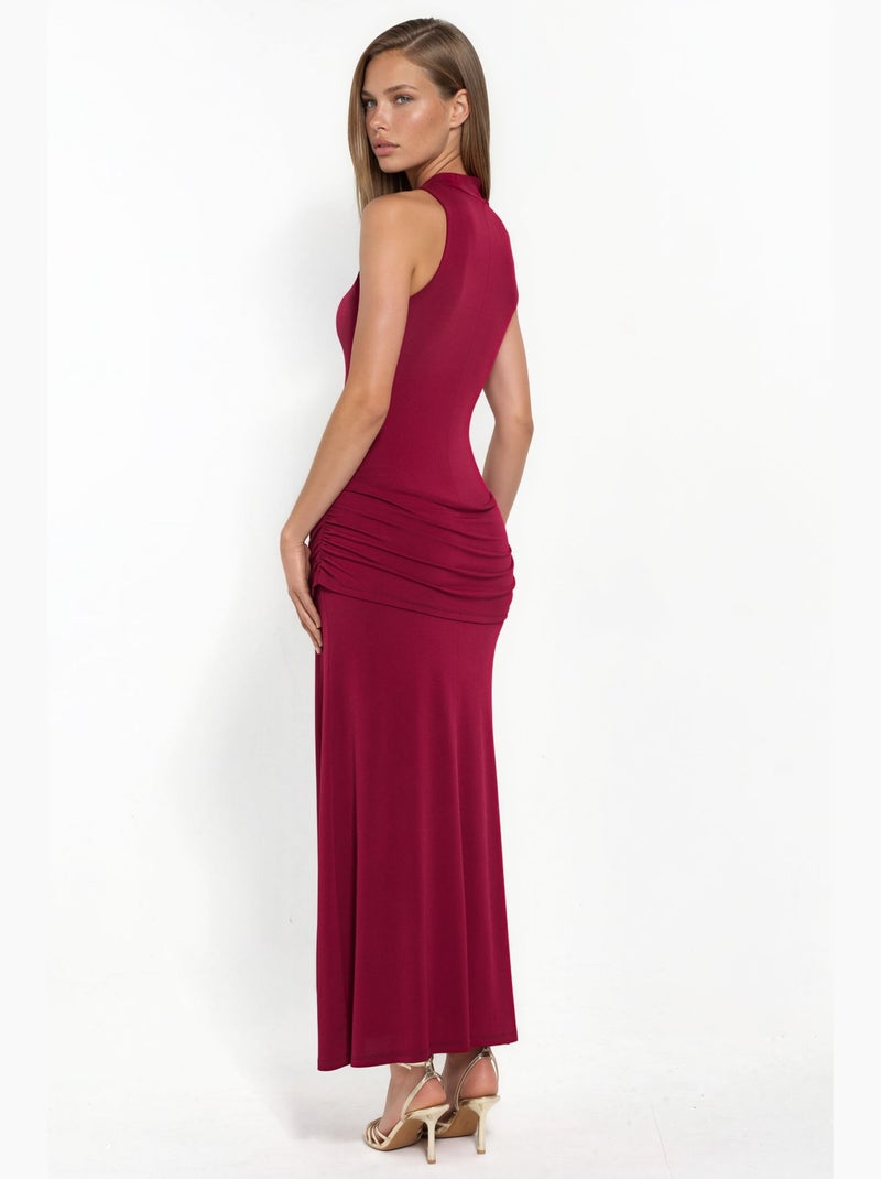 Abito lungo a collo alto con spacco hiccup Rosso bordeaux - Kiabi