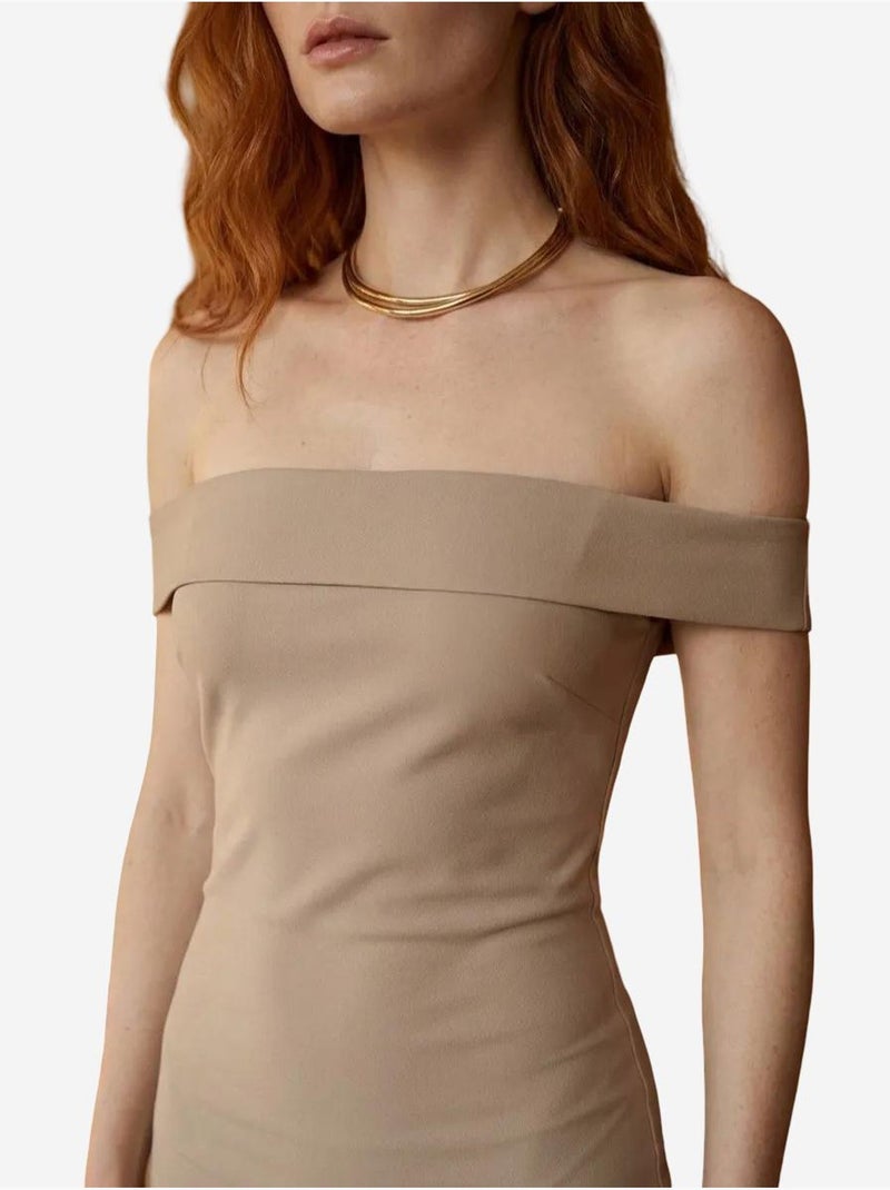 Abito lungo bodycon off-shoulder con spacco my fashion Beige argilla - Kiabi