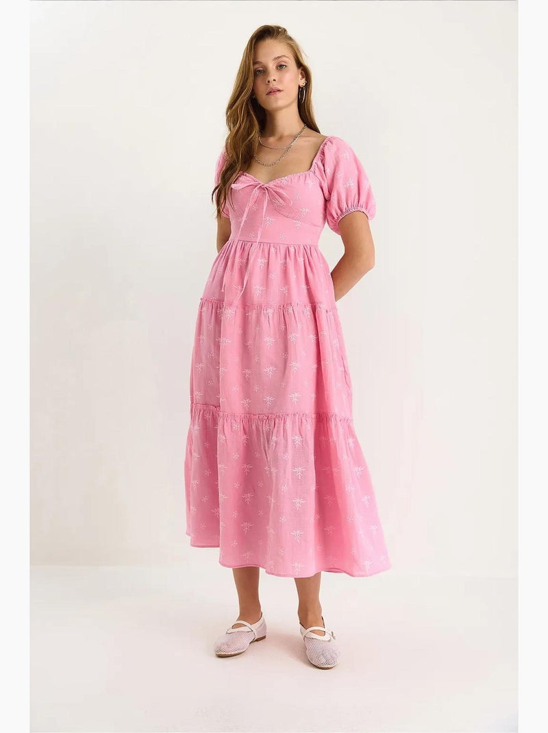 Abito lungo con colletto a cuore ricamato lucci Rosa fluo/Solinotes - Kiabi