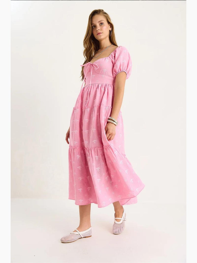 Abito lungo con colletto a cuore ricamato lucci Rosa fluo/Solinotes - Kiabi