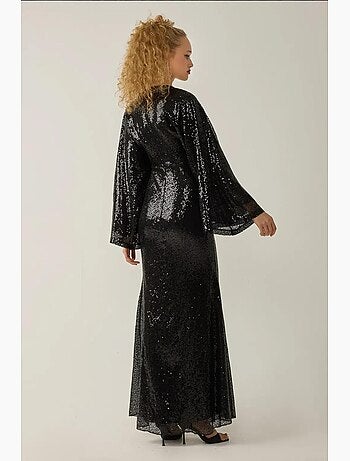 Abito lungo con maniche ad angelo e scollo a v in paillettes hiccup