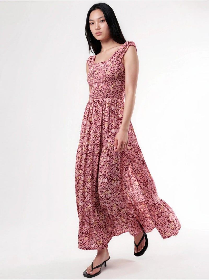 Abito lungo con stampa paisley e colletto quadrato busem Rosso bordeaux - Kiabi