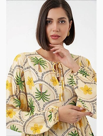 Abito lungo con stampa tropicale e chiusura con bottoni bdart