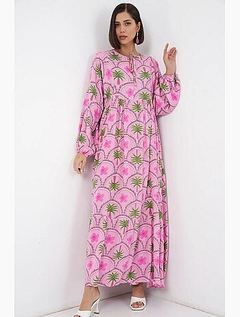Abito lungo con stampa tropicale e chiusura con bottoni bdart