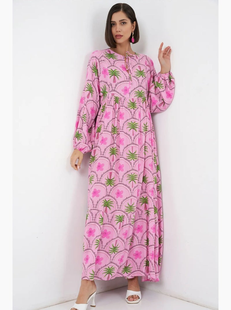 Abito lungo con stampa tropicale e chiusura con bottoni bdart Rosa/Verde - Kiabi