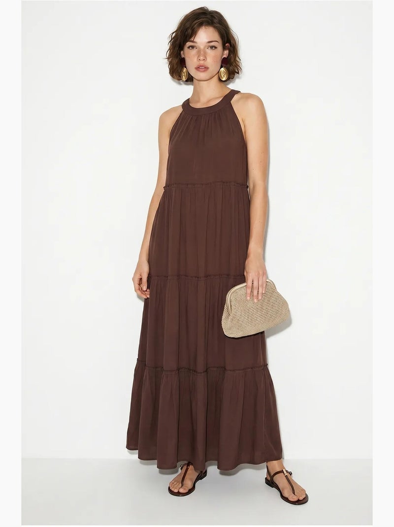 Abito lungo da donna con scollo all’americana lucci Marrone - Kiabi
