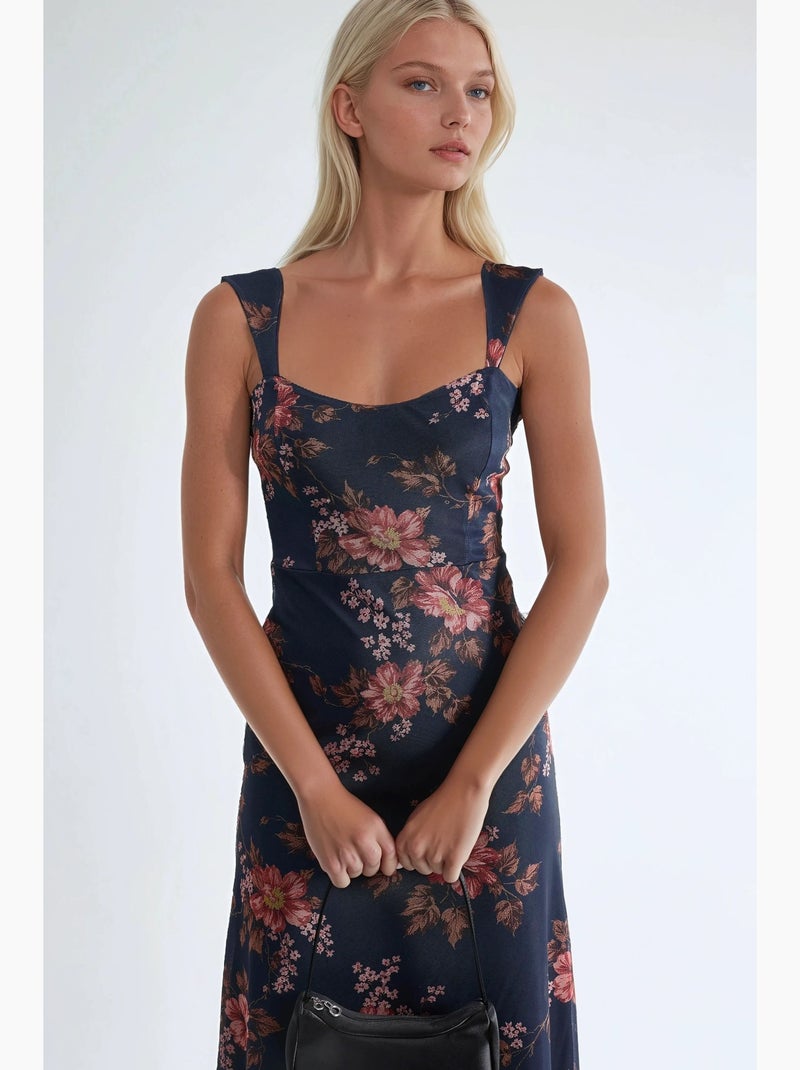 Abito lungo floreale con scollo a cuore hiccup Blu marino - Kiabi