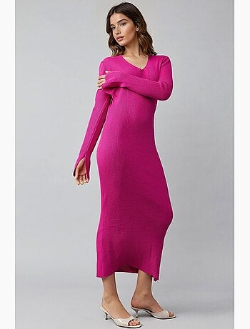 Abito lungo in maglia testurizzata con scollo a v e spacco my fashion