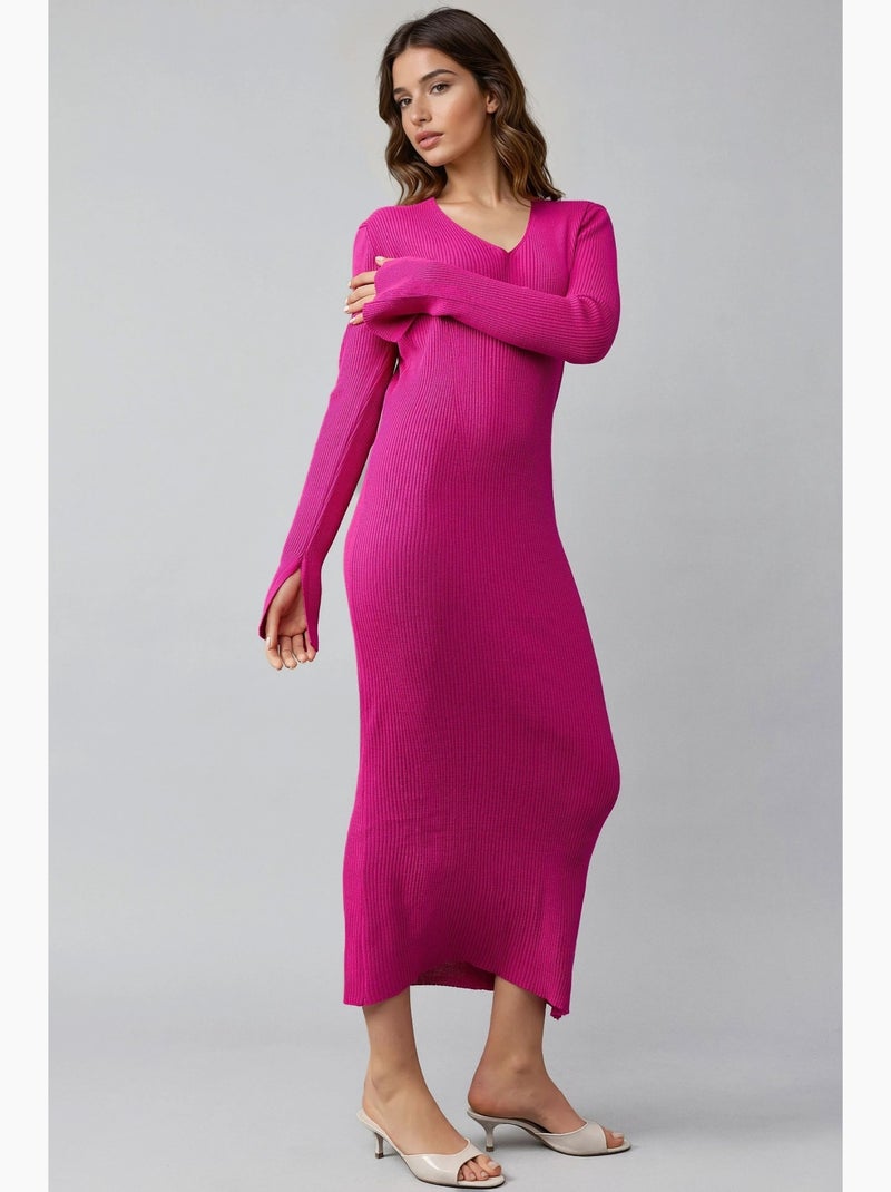Abito lungo in maglia testurizzata con scollo a v e spacco my fashion Magenta - Kiabi