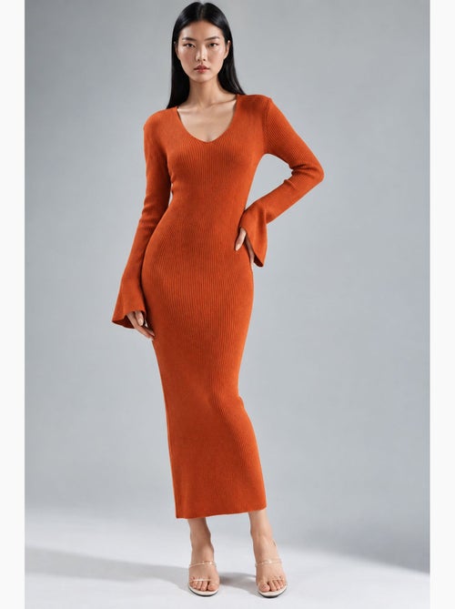 Abito lungo in maglia testurizzata con scollo a v e spacco my fashion - Kiabi
