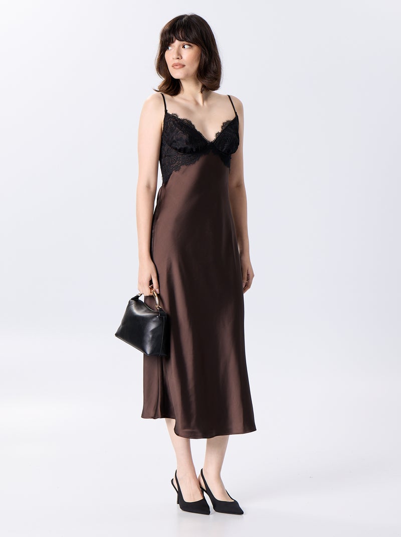 Abito lungo in raso e pizzo Marrone - Kiabi