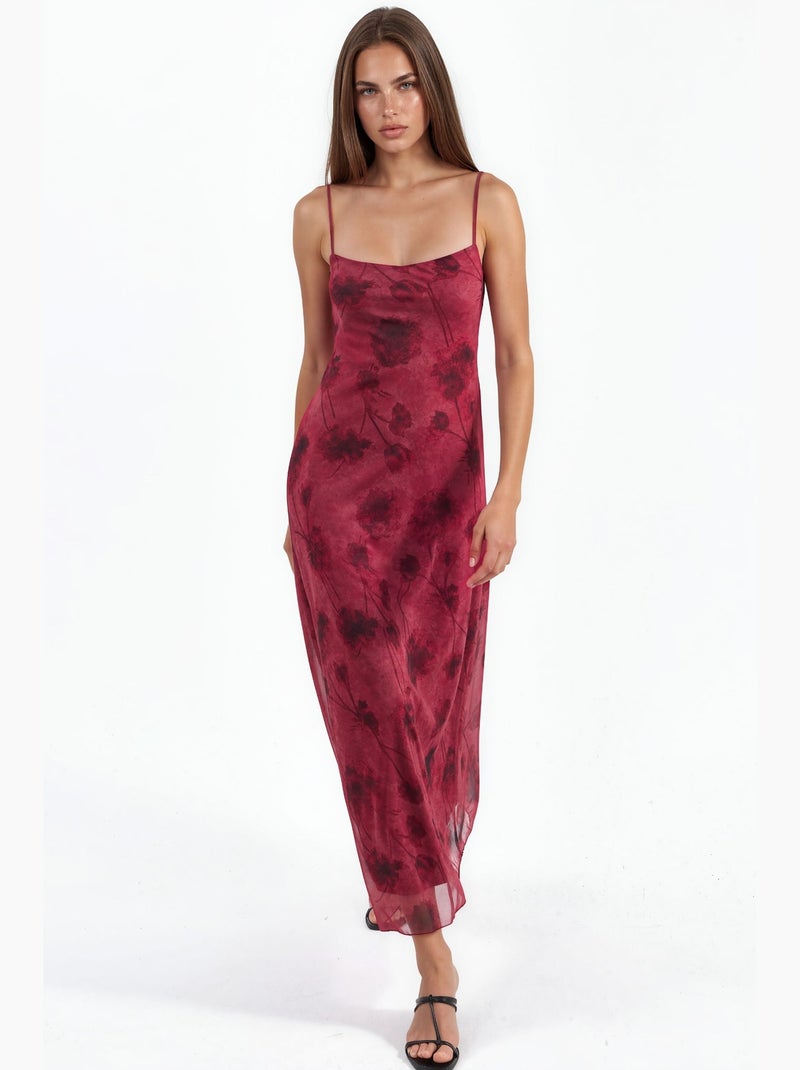 Abito lungo in tulle floreale con spalline hiccup Rosso bordeaux - Kiabi