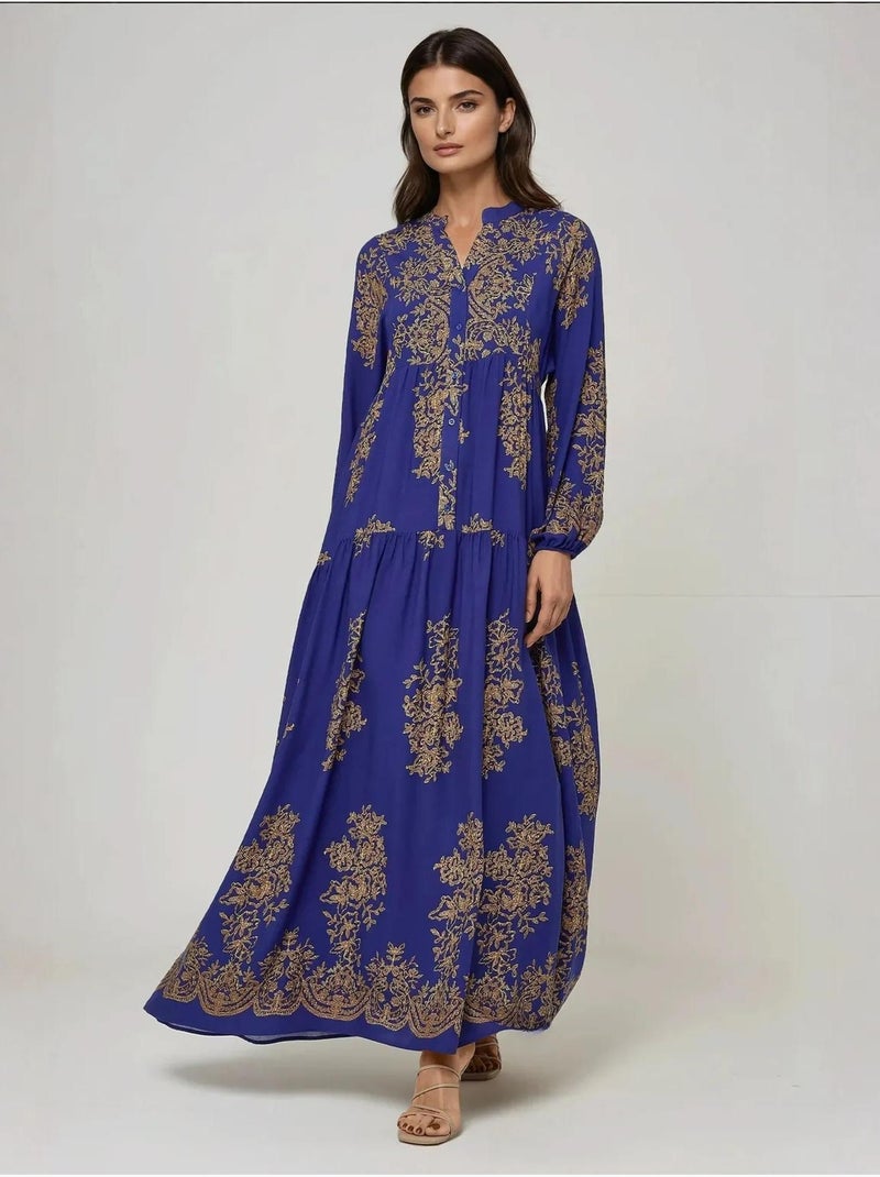 Abito lungo in viscosa stampato con colletto a camicia hiccup Blu elettrico - Kiabi