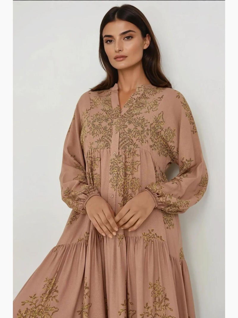 Abito lungo in viscosa stampato con colletto a camicia hiccup Marrone chiaro - Kiabi