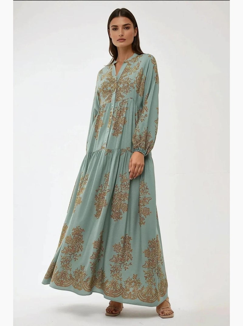 Abito lungo in viscosa stampato con colletto a camicia hiccup Verde menta - Kiabi