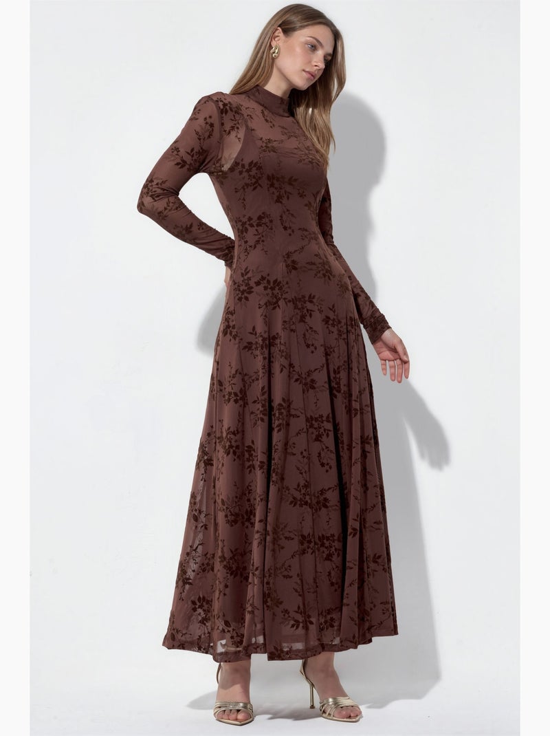 Abito lungo maxi a fiori con mezzo dolcevita hiccup Marrone cioccolato - Kiabi