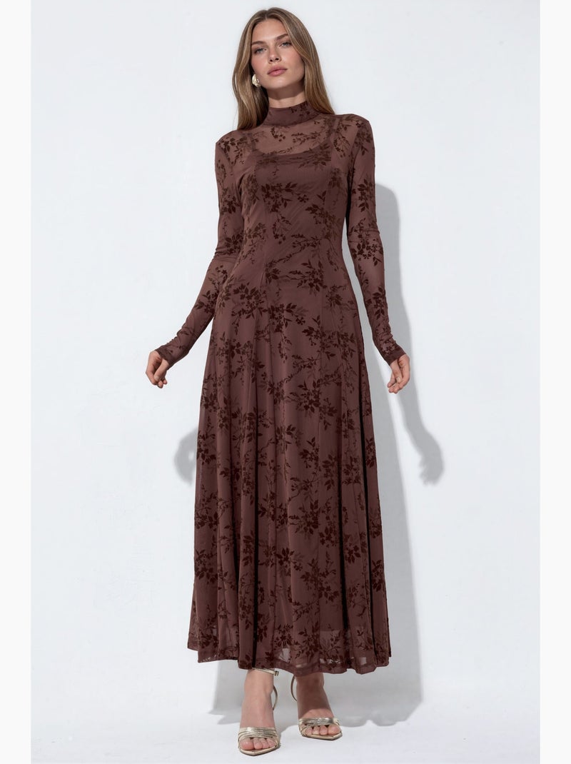 Abito lungo maxi a fiori con mezzo dolcevita hiccup Marrone cioccolato - Kiabi