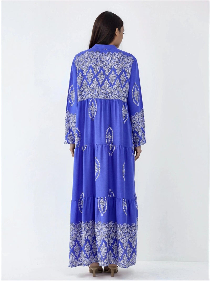 Abito lungo maxi con scollo a v, fantasia e chiusura con bottoni hiccup Blu elettrico - Kiabi