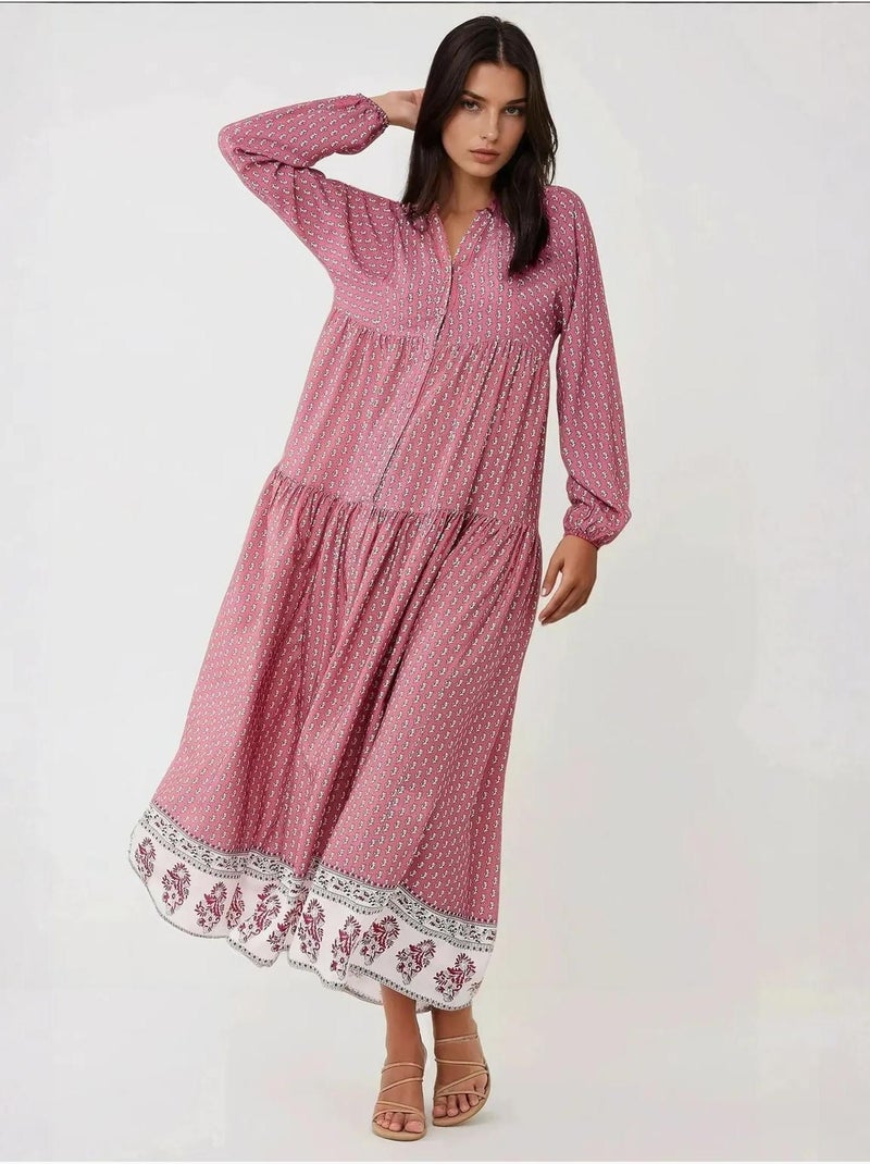 Abito lungo maxi con scollo a v stampato hiccup Rosa - Kiabi