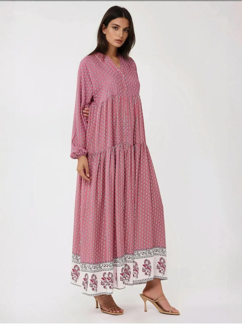 Abito lungo maxi con scollo a v stampato hiccup Rosa - Kiabi
