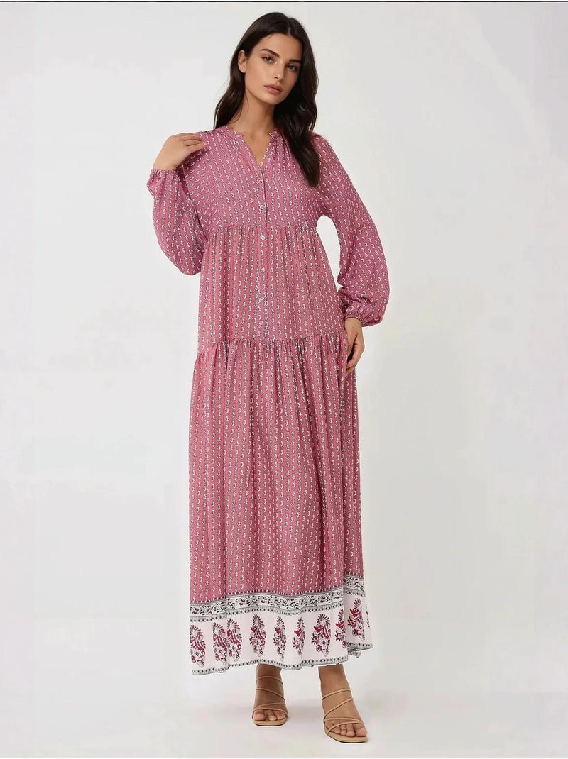 Abito lungo maxi con scollo a v stampato hiccup Rosa - Kiabi