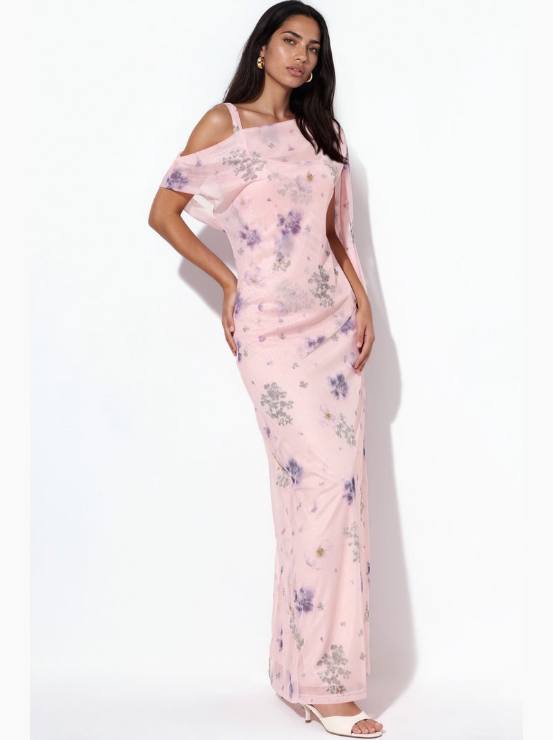 Abito lungo maxi floreale con colletto asimmetrico hiccup Rosa antico - Kiabi