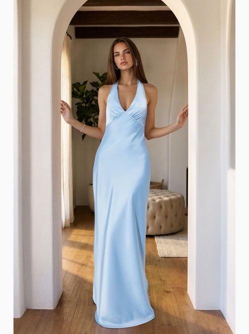 Abito lungo maxi in raso con scollo a v e allacciatura al collo hiccup - Kiabi
