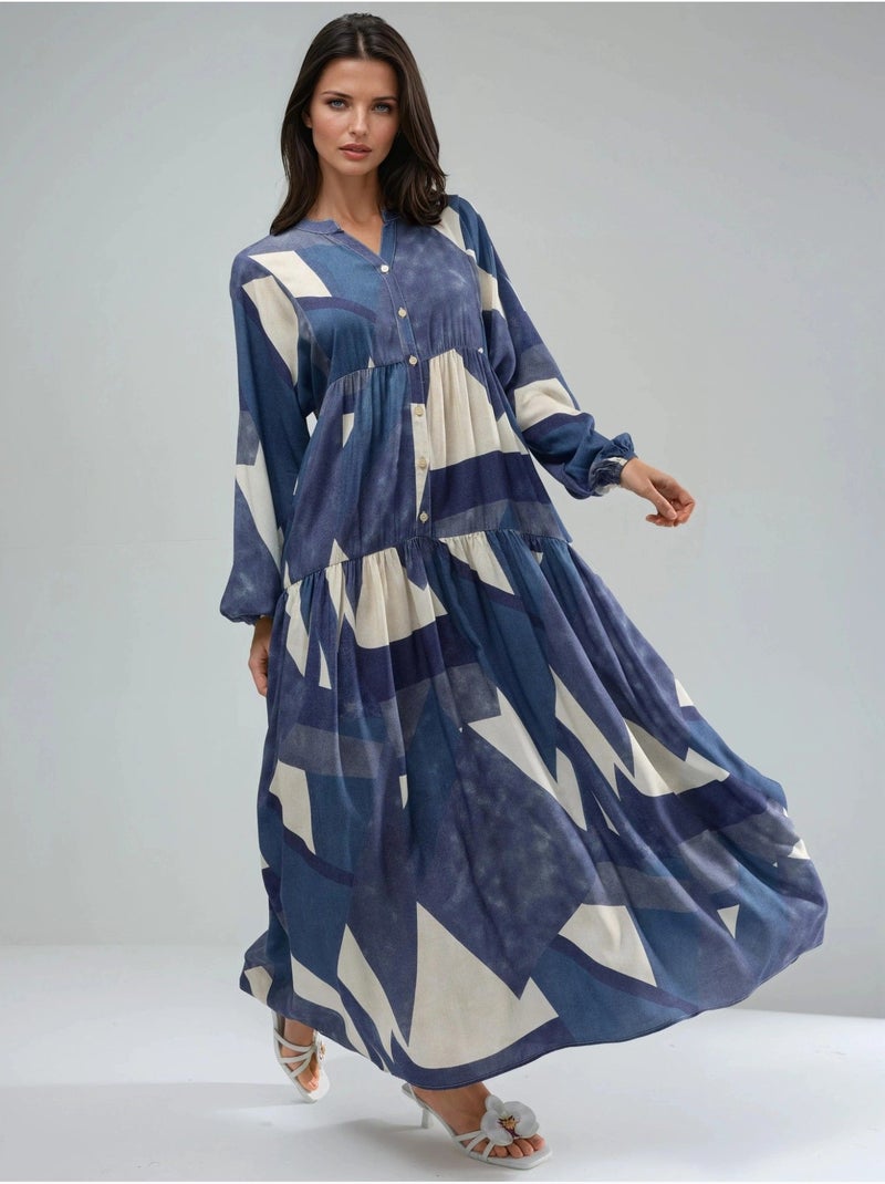 Abito lungo maxi in viscosa stampata a maniche lunghe hiccup Blu marino - Kiabi